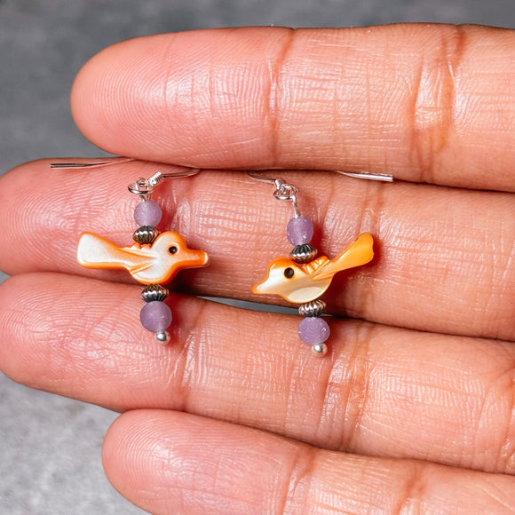 Orange MOP bird & grape agate earrings