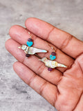 Red abalone shell bird Kingman TQ heart & Sapphire 925 earrings