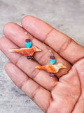 Red abalone shell bird Kingman TQ heart & Sapphire 925 earrings
