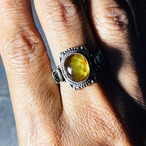 Moldavite Baltic Amber sz8.75 925 ring