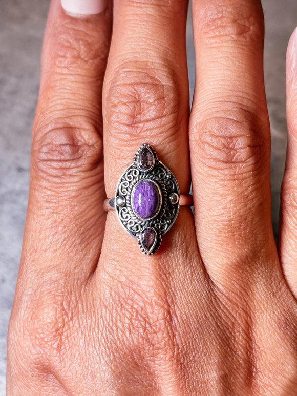 Charoite & Amethyst 925 ring sz8