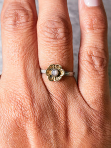 Black sunstone big flower brass & sterling ring sz7