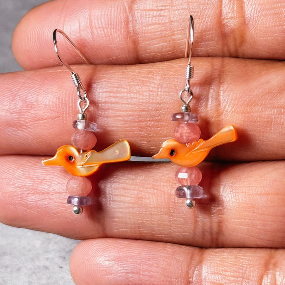 Orange MOP bird & rhodochrosite amethyst earrings