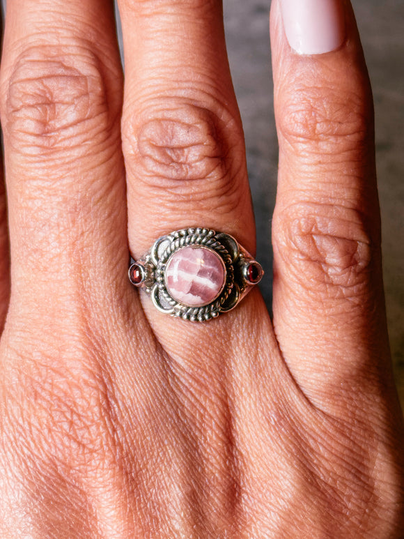 Rhodochrosite garnet 925 sz7 ring