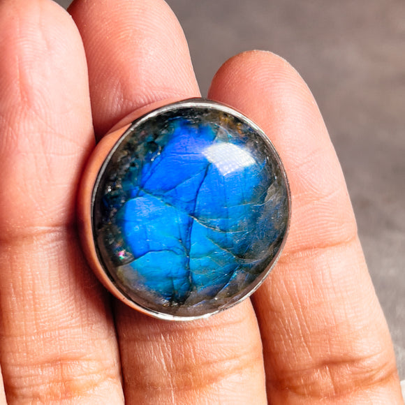 Labradorite coin 925 adjustable ring