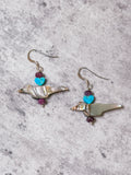 Red abalone shell bird Kingman TQ heart & Sapphire 925 earrings
