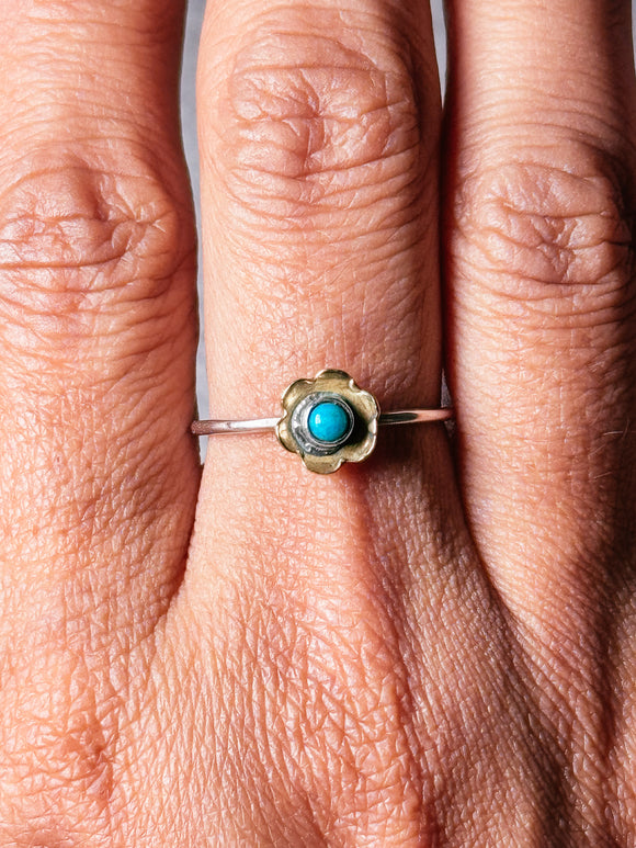 Turquoise flower brass & 925 ring sz9.25