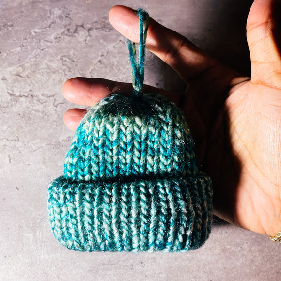 Handmade knitted beanie ornament