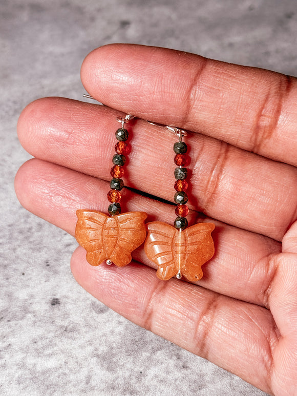 Hessonite garnet, pyrite & aventurine butterfly 925  dangles