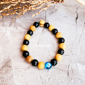 Evil eye black tourmaline palo santo stretch bracelet