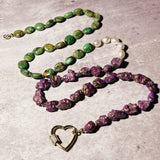 Mojave green purple turquoise w/ pearl silk knot necklace heart lock