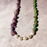 Mojave green purple turquoise w/ pearl silk knot necklace heart lock