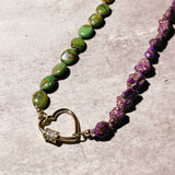 Mojave green purple turquoise w/ pearl silk knot necklace heart lock