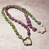 Mojave green purple turquoise w/ pearl silk knot necklace heart lock