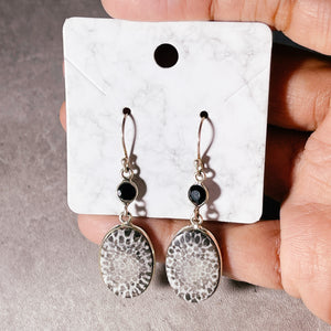 Black coral fossil & black onyx 925 dangles