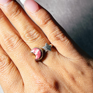 Pink thulite star moon 925 sz8.5+ ring