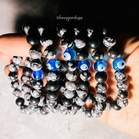 Evil eye Snowflake obsidian 8mm stretch bracelet