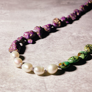 Mojave green purple turquoise w/ pearl silk knot necklace heart lock