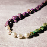 Mojave green purple turquoise w/ pearl silk knot necklace heart lock