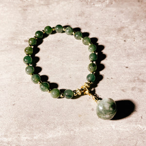 Jade bell charm 6mm stretch bracelet